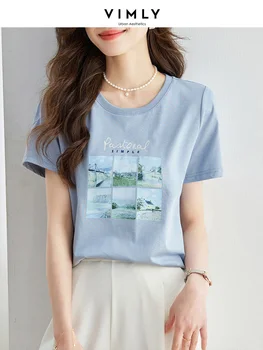 Простая Летняя повседневная футболка Vimly для женщин 2023, Корейский модный принт, Короткий рукав, 100% Хлопок, базовые прямые женские топы