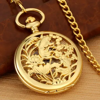 Роскошные золотые карманные часы с рисунком рыбы, ручные механические Арабские цифры, золотой циферблат, карманные часы с подвеской, подарок