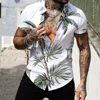 Рубашки из кокосовой пальмы Для Мужчин 2022, Мужская Гавайская рубашка с 3D Принтом, Мужская Пляжная Рубашка 5xl, Короткий Модный Пляжный Топ, Футболка, Свободная Блузка с V-образным вырезом