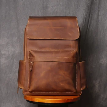 Рюкзак из натуральной кожи в стиле Ретро, Первый слой, воловья кожа, Дорожная сумка для отдыха, Ноутбук Большой емкости с диагональю 15,6 дюйма
