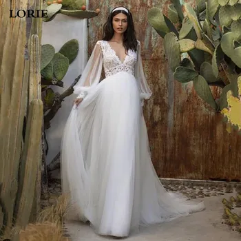 Свадебное платье LORIE A Line цвета слоновой кости в стиле Бохо 2021, кружевные свадебные платья с пышными рукавами, блестящие пляжные платья для свадебной вечеринки с V-образным вырезом