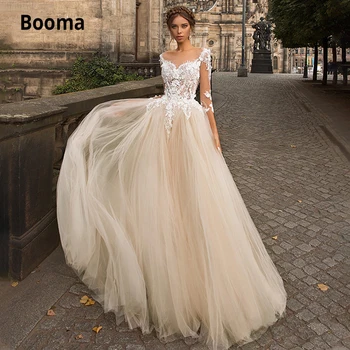 Свадебные платья из тюля цвета шампанского Booma с рукавом три четверти 2020, Кружевные аппликации, свадебное платье с иллюзией Шлейфа на пуговицах сзади