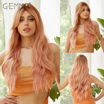 Светло-розовый Омбре, длинный волнистый синтетический парик с челкой для чернокожих женщин, натуральные волосы, Косплей, вечеринка, ежедневный парик из термостойкого волокна