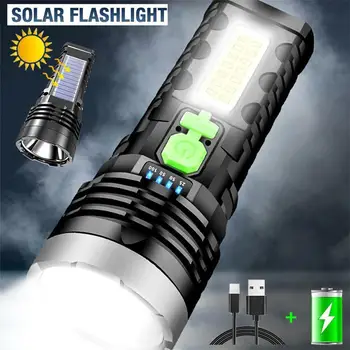 Светодиодный фонарик, 4 режима, встроенный аккумулятор, USB Солнечный перезаряжаемый фонарь с боковой подсветкой, наружное освещение, кемпинговые рыболовные фонари