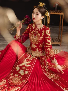 Традиционное китайское праздничное платье в китайском стиле, Женское Винтажное Свадебное платье с вышивкой Феникса, одежда для Тостов