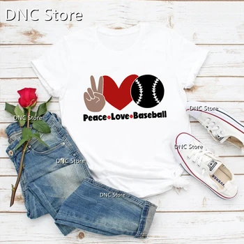 Футболки, Женская футболка Peace Love, Бейсбол, Графический принт, Женская футболка, Модная рубашка в стиле Харадзюку, Летняя футболка, женские футболки Ulzzang