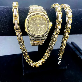 Хип-хоп рэппер Рок 8 мм 3 шт. комплект тяжелых часов ожерелье браслет цепочки из нержавеющей стали для мужчин комплект ювелирных изделий наручные часы часы подарок