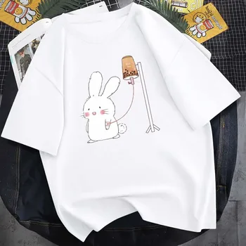 Хлопковая футболка Унисекс с милым Кроликом и чаем с молоком с Мультяшным Принтом, Короткими рукавами, Летняя Новинка, Круглый Вырез, Свободный Топ Европейского Размера