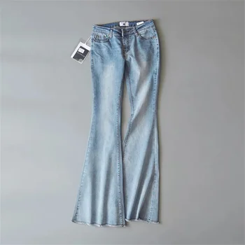 Хлопчатобумажные выстиранные темно-синие/светло-голубые женские джинсовые брюки в стиле ретро, сексуальные модные брюки-клеш с низкой талией большого размера Хлопчатобумажные выстиранные темно-синие/светло-голубые женские джинсовые брюки в стиле ретро, сексуальные модные брюки-клеш с низкой талией большого размера 0