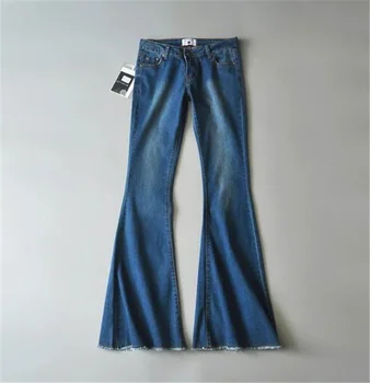 Хлопчатобумажные выстиранные темно-синие/светло-голубые женские джинсовые брюки в стиле ретро, сексуальные модные брюки-клеш с низкой талией большого размера Хлопчатобумажные выстиранные темно-синие/светло-голубые женские джинсовые брюки в стиле ретро, сексуальные модные брюки-клеш с низкой талией большого размера 2