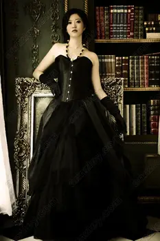 Черное длинное вечернее платье для девочек на выпускной 2016, Готическое Корсетное платье для выпускного вечера