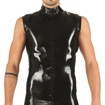 Черный Сексуальный латексный жилет с застежкой-молнией спереди, без рукавов, с высоким воротником, Резиновая рубашка, майка, Одежда