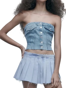 Шикарная и модная Женская юбка-Бандо без рукавов с открытыми плечами, Трапециевидная Плиссированная Джинсовая юбка, Джинсовый комплект для летней моды