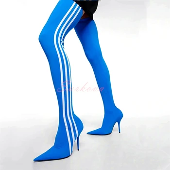 Эластичные сапоги выше колена в 3 полоски, однотонная простроченная Волокнистая ткань, Пикантные женские Ботинки с острым носком на тонком каблуке, Женские туфли на шпильке