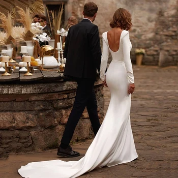 Элегантное свадебное платье Русалка с квадратным вырезом и длинными рукавами, Атласное свадебное платье U-образной формы с открытой спиной, платье невесты