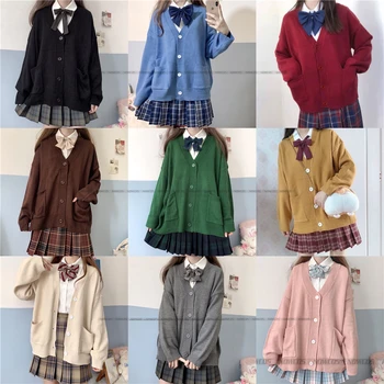 Японский школьный свитер Весна Осень 100% Хлопок с V-образным вырезом Вязаный свитер JK Униформа Кардиган Многоцветный Для студенток Косплей