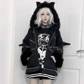 Японское пальто с имитацией шерсти ягненка, осенне-зимняя женская Черная Свободная толстовка с капюшоном в стиле Харадзюку в стиле панк-готики для девочек, толстовка