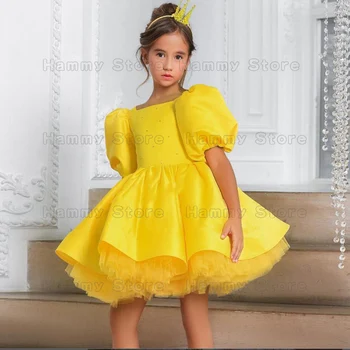 Ярко-желтое атласное платье в цветочек для девочек с квадратным вырезом и коротким рукавом, платья-пачки с жемчугом для маленьких девочек, платье для Вечеринки в честь Дня рождения, платье для Причастия